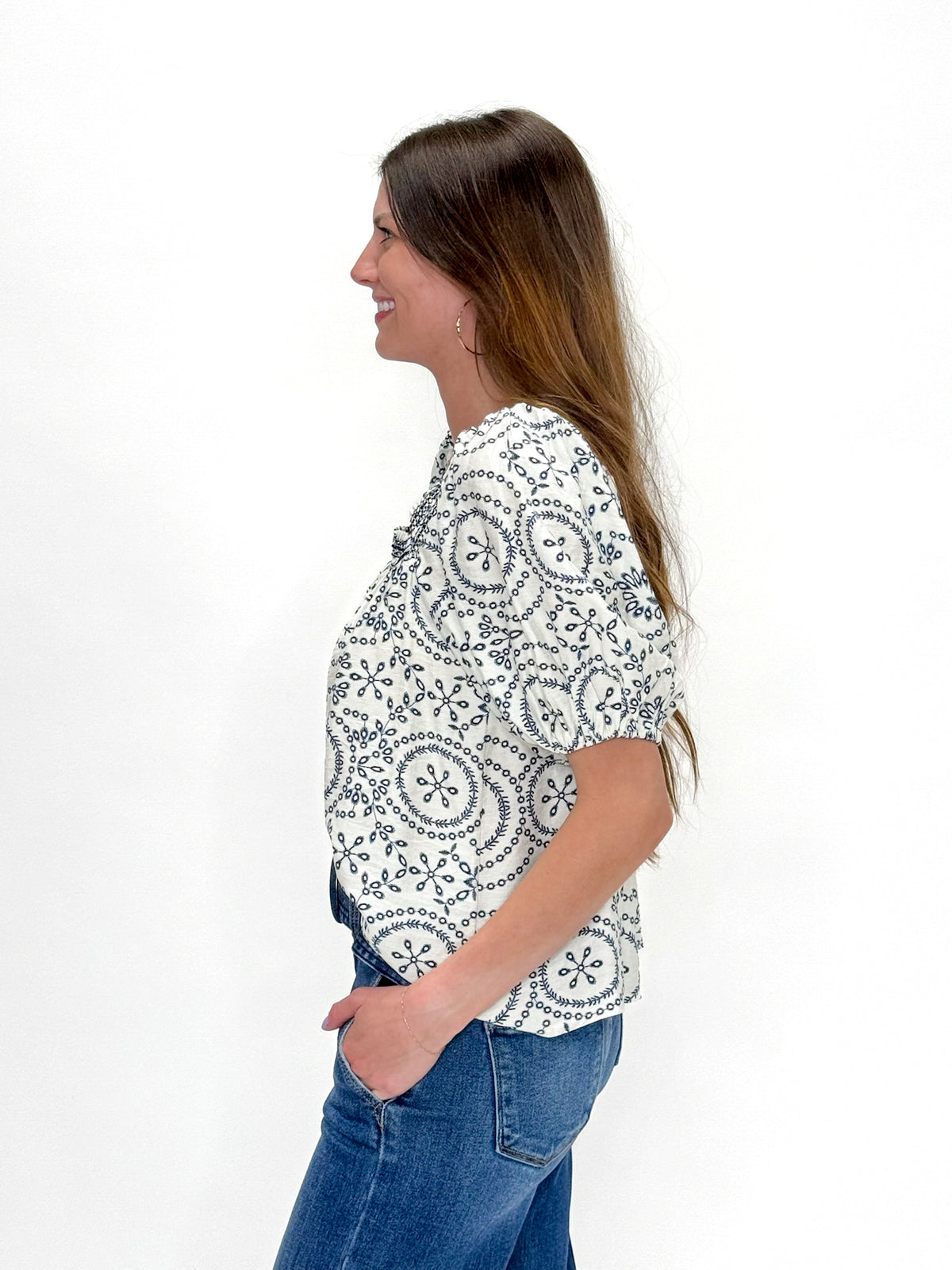 Navy Medallion Smocked Square Neck Top