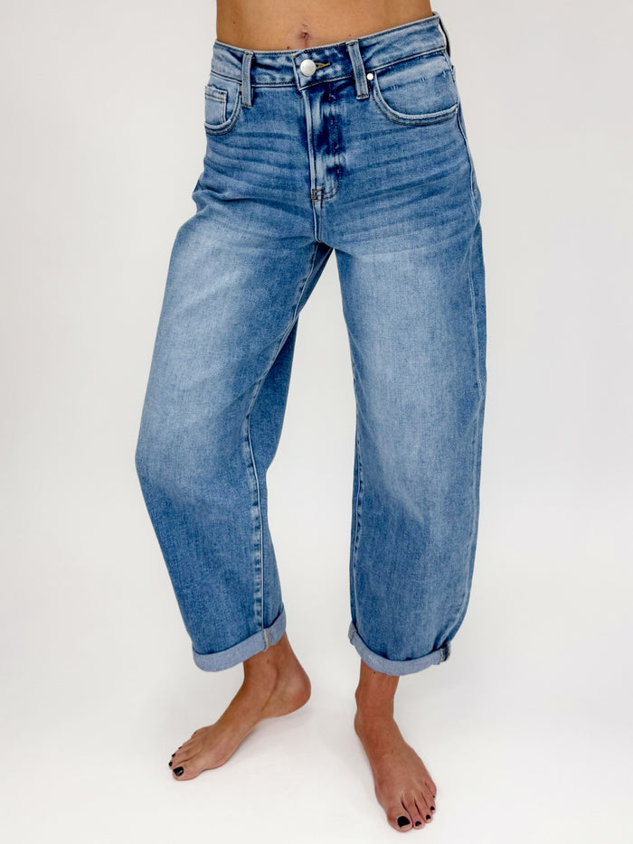 Risen High-Rise Cuffed Mild Barrel Medium Wash Jeans