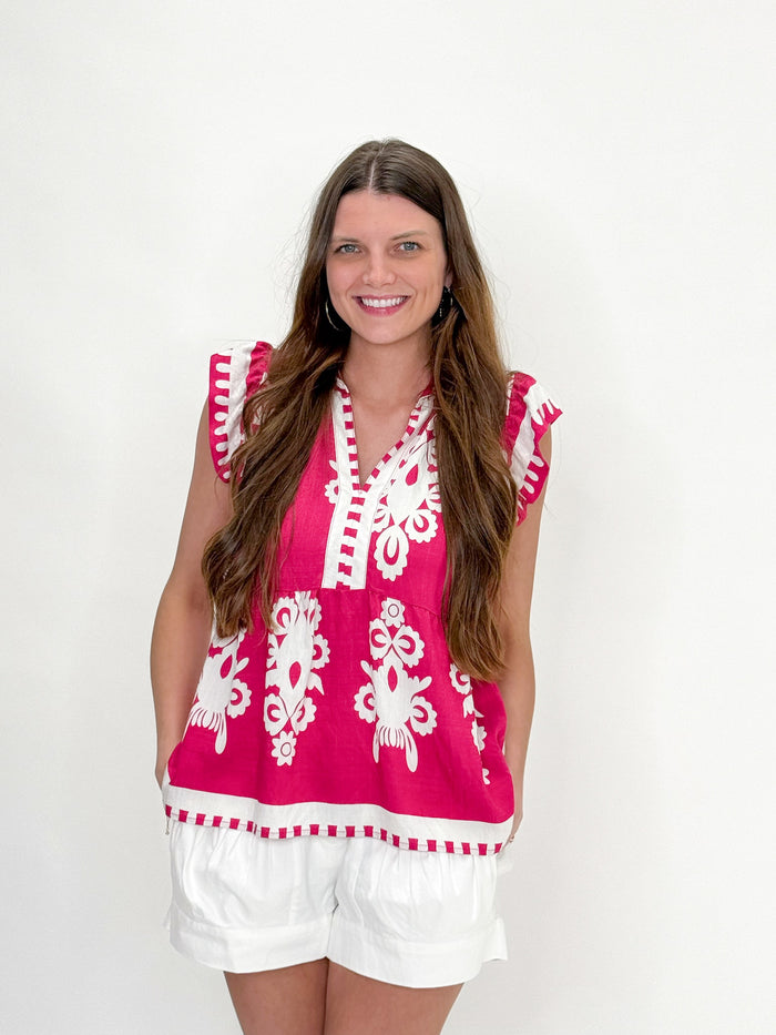 Fiesta Bloom Embroidered Flutter Top - Hot Pink