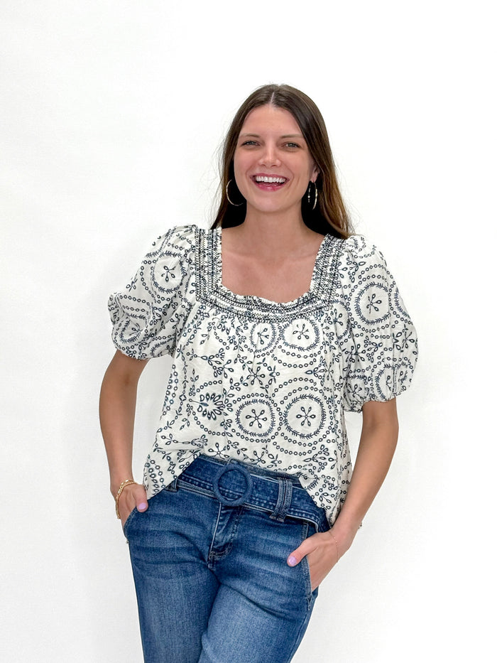 Navy Medallion Smocked Square Neck Top