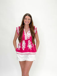Fiesta Bloom Embroidered Flutter Top - Hot Pink