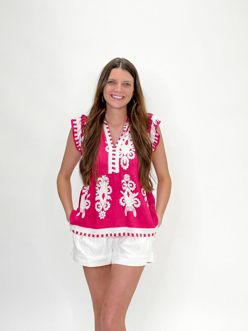 Fiesta Bloom Embroidered Flutter Top - Hot Pink