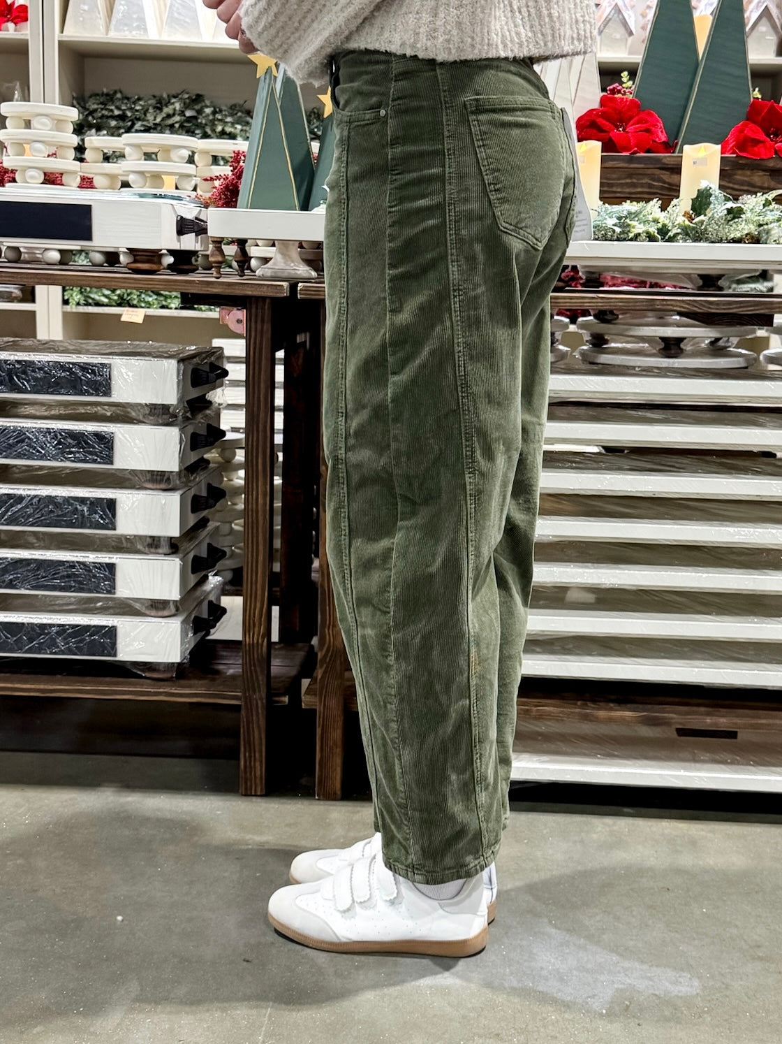 Dark Olive Corduroy Barrel Jeans