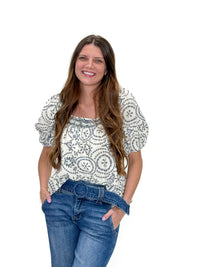 Navy Medallion Smocked Square Neck Top