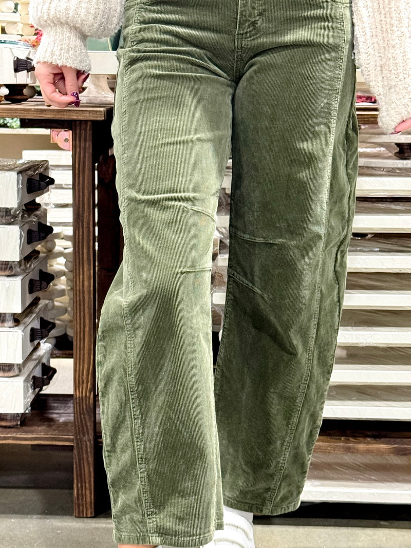 Dark Olive Corduroy Barrel Jeans