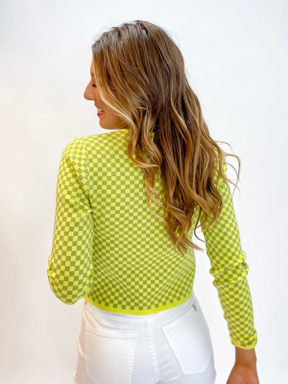Game Day Checkered Sweater Chartreuse & Olive