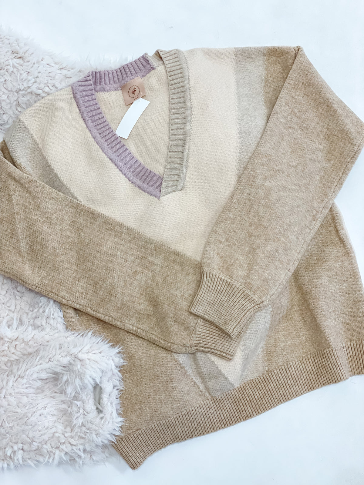 Lavender and Tan Color Block V-Neck Sweater