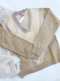 Lavender and Tan Color Block V-Neck Sweater