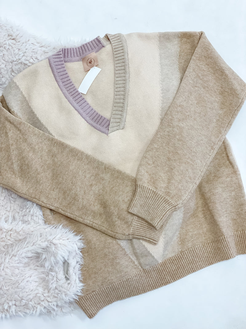 Lavender and Tan Color Block V-Neck Sweater