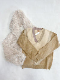 Lavender and Tan Color Block V-Neck Sweater