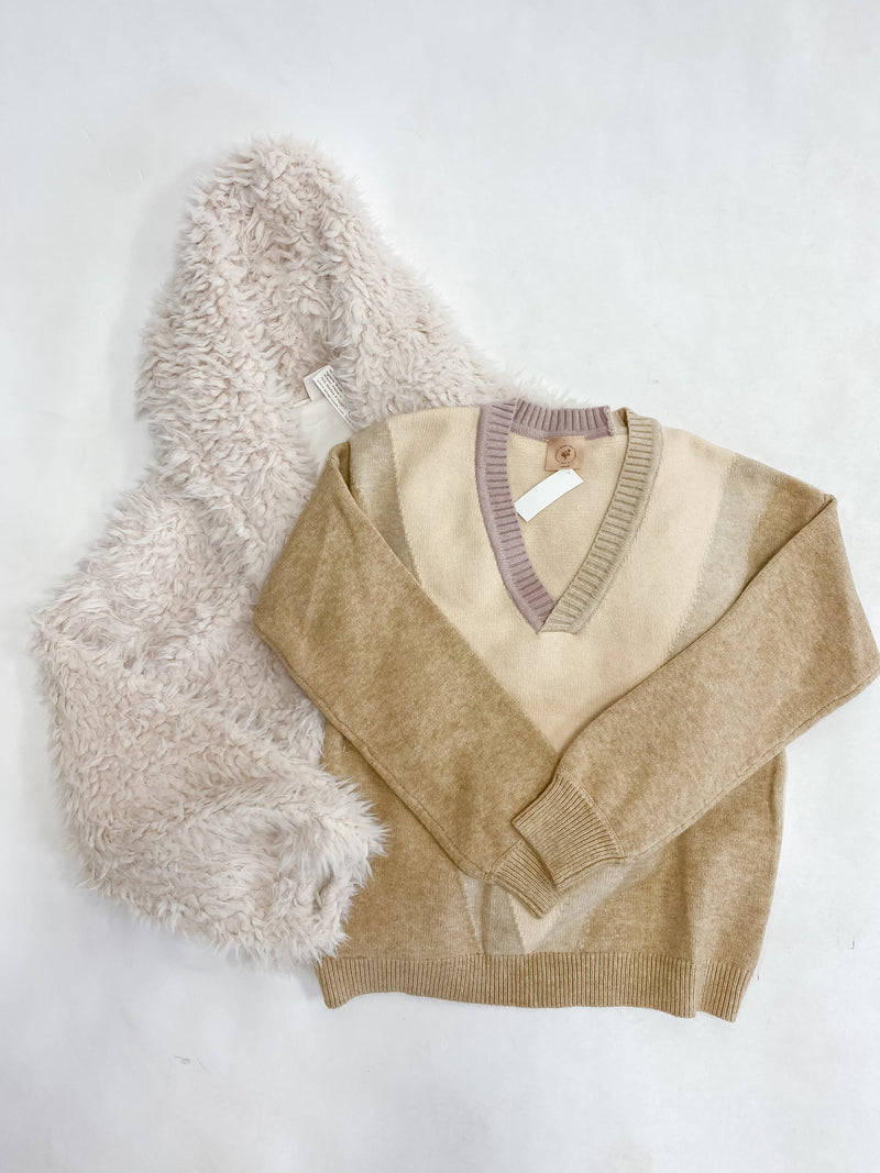 Lavender and Tan Color Block V-Neck Sweater