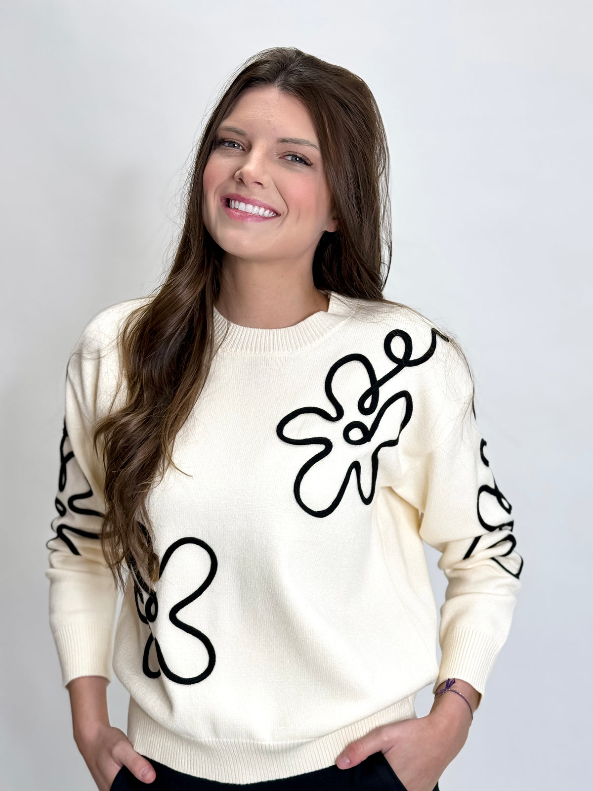 Cream And Black Rope Flower Sweater