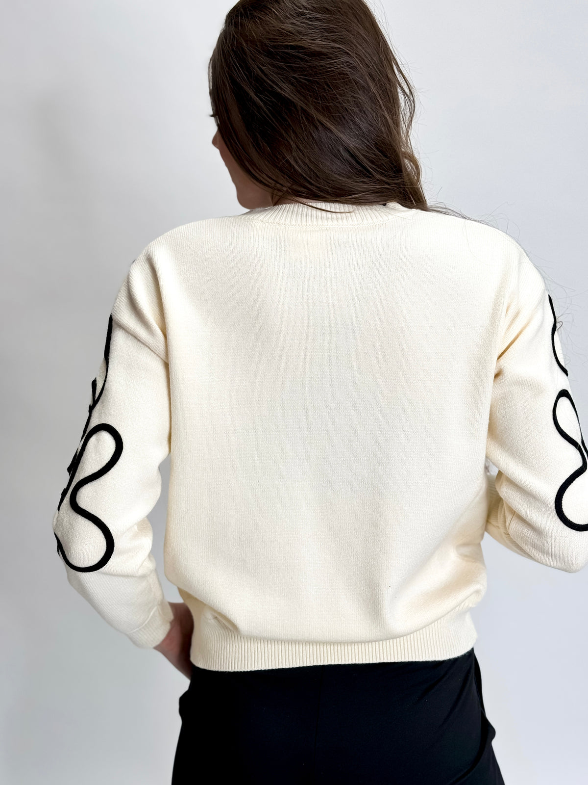 Cream And Black Rope Flower Sweater