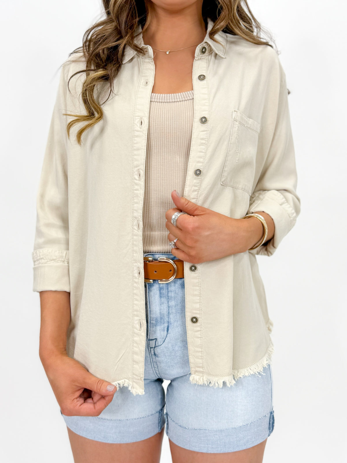 Sunwashed Frayed Button-Down Blouse