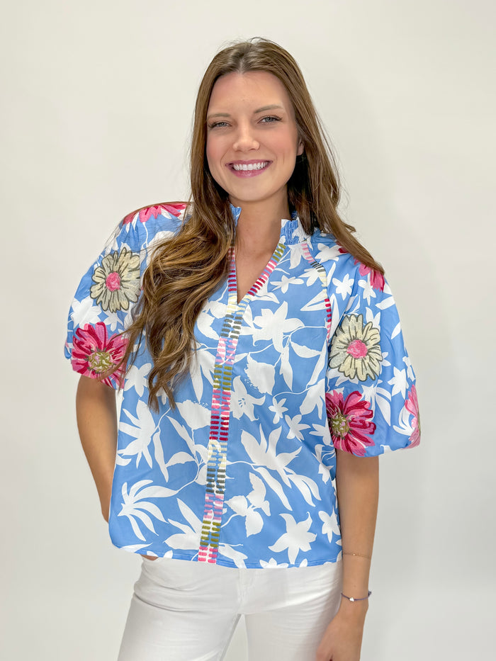 Island Hop With Me Bright Blue Patch Floral Blouse
