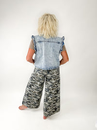 Ruffle Detail Light Wash Denim Vest