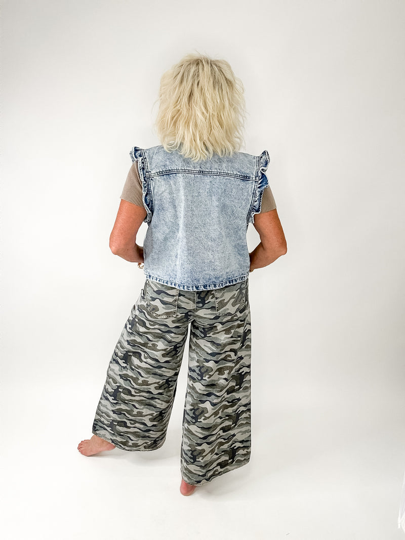 Ruffle Detail Light Wash Denim Vest