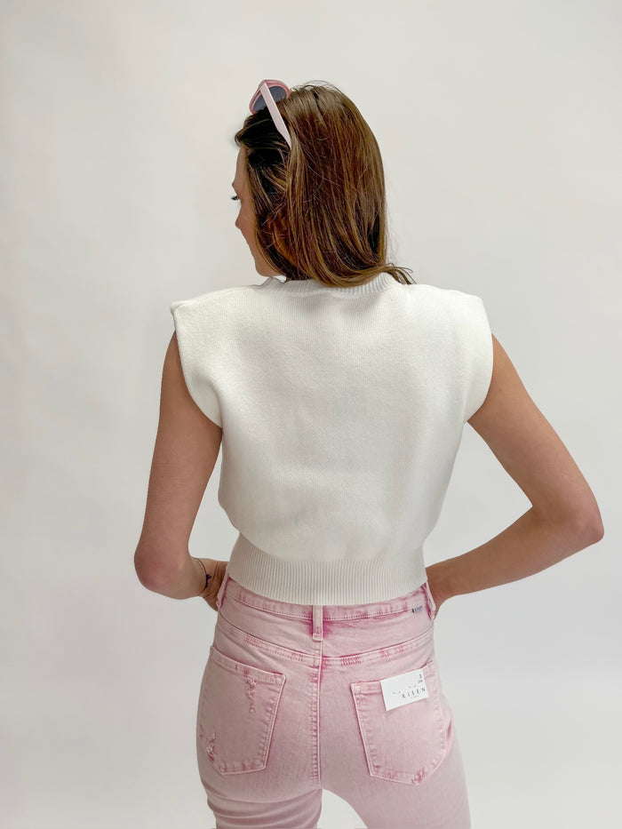 Shoulder Pad Sweater Tee- White