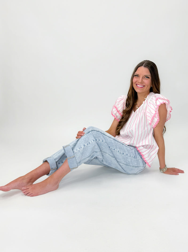 Sugar Stripe Ruffle Sleeve Top