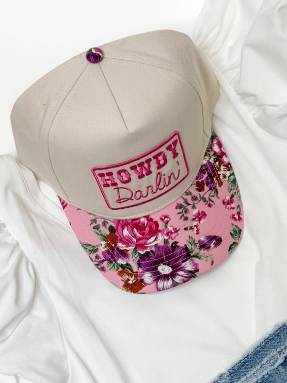 Howdy Darlin’ Trucker Hat - Light Pink Floral