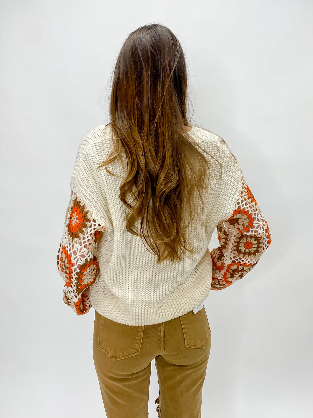 Cozy Up By The Fire Cream V-Neck Sweater With Granny Square Crochet