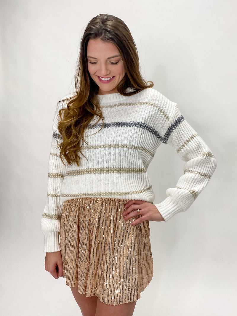 White Crewneck Sweater With Grey and Tan Stripes