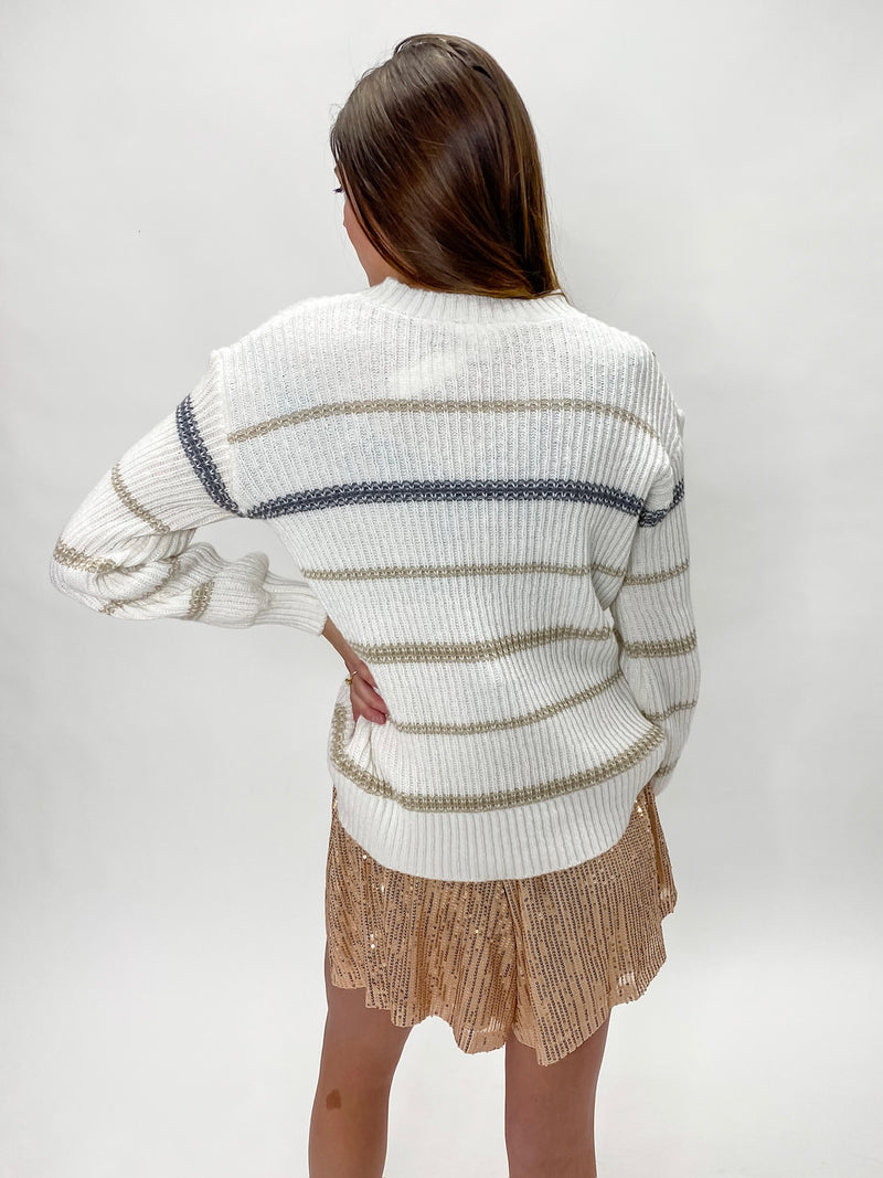 White Crewneck Sweater With Grey and Tan Stripes