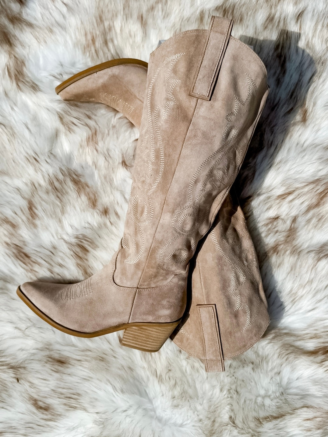 Beige Suede Western Knee-High Boots