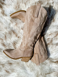 Beige Suede Western Knee-High Boots