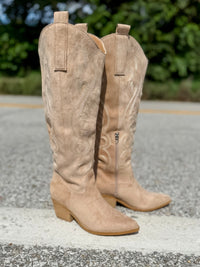 Beige Suede Western Knee-High Boots
