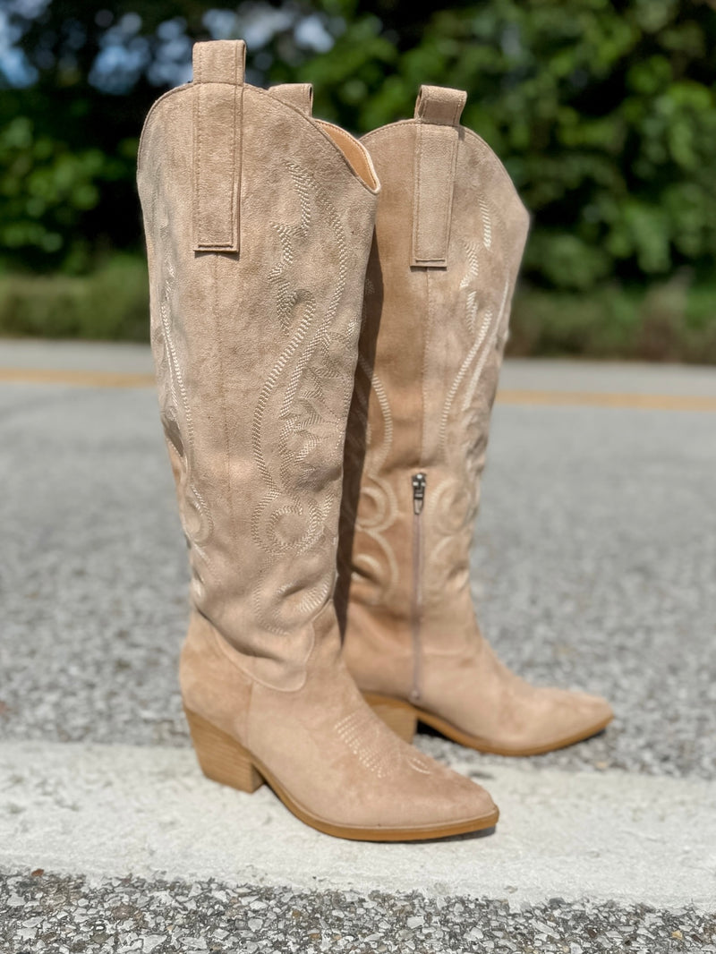 Beige Suede Western Knee-High Boots