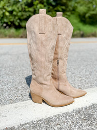 Beige Suede Western Knee-High Boots
