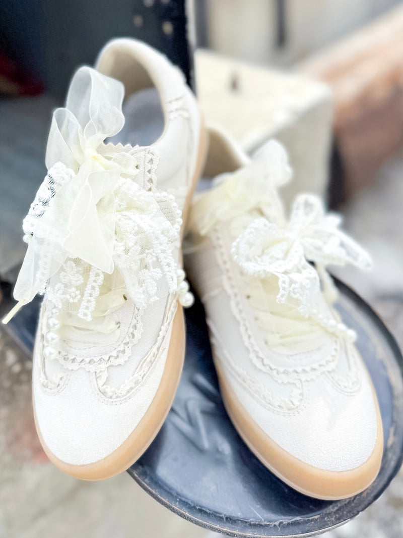 Cream Pearl & Lace Detail Sneakers with Sheer Ribbon Laces