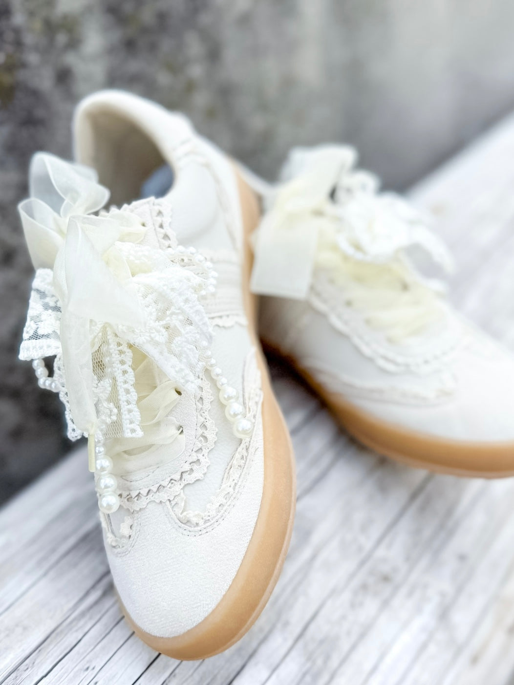 Cream Pearl & Lace Detail Sneakers with Sheer Ribbon Laces