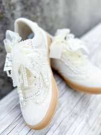 Cream Pearl & Lace Detail Sneakers with Sheer Ribbon Laces