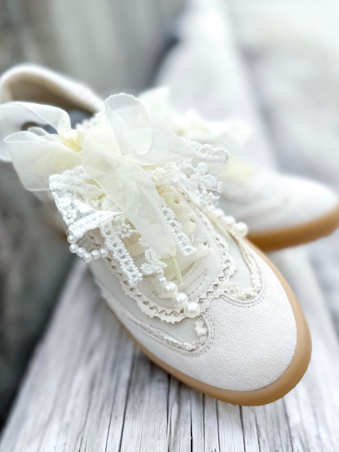 Cream Pearl & Lace Detail Sneakers with Sheer Ribbon Laces