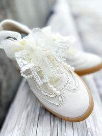 Cream Pearl & Lace Detail Sneakers with Sheer Ribbon Laces