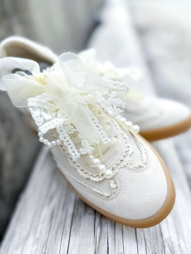 Cream Pearl & Lace Detail Sneakers with Sheer Ribbon Laces