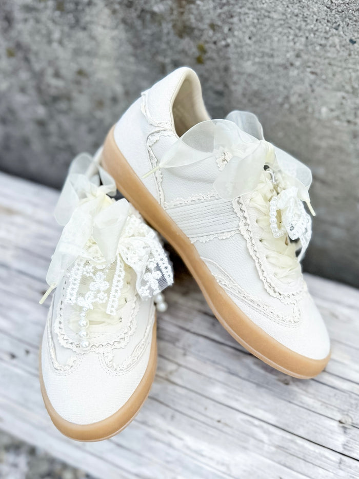 Cream Pearl & Lace Detail Sneakers with Sheer Ribbon Laces