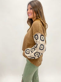 Fall Time Trending Granny Square Sleeve Crochet Sweater