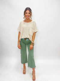 Risen Olive High Rise Tummy Control Wide Leg Cropped Jeans