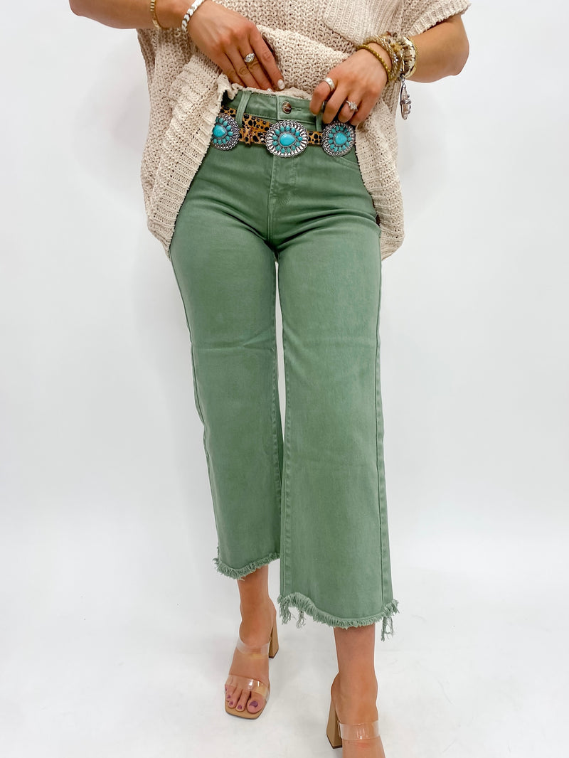 Risen Olive High Rise Tummy Control Wide Leg Cropped Jeans