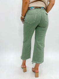 Risen Olive High Rise Tummy Control Wide Leg Cropped Jeans