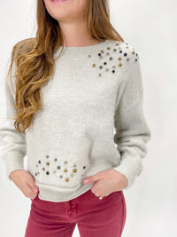 Gray Hairy Knit Sweater With Jewels