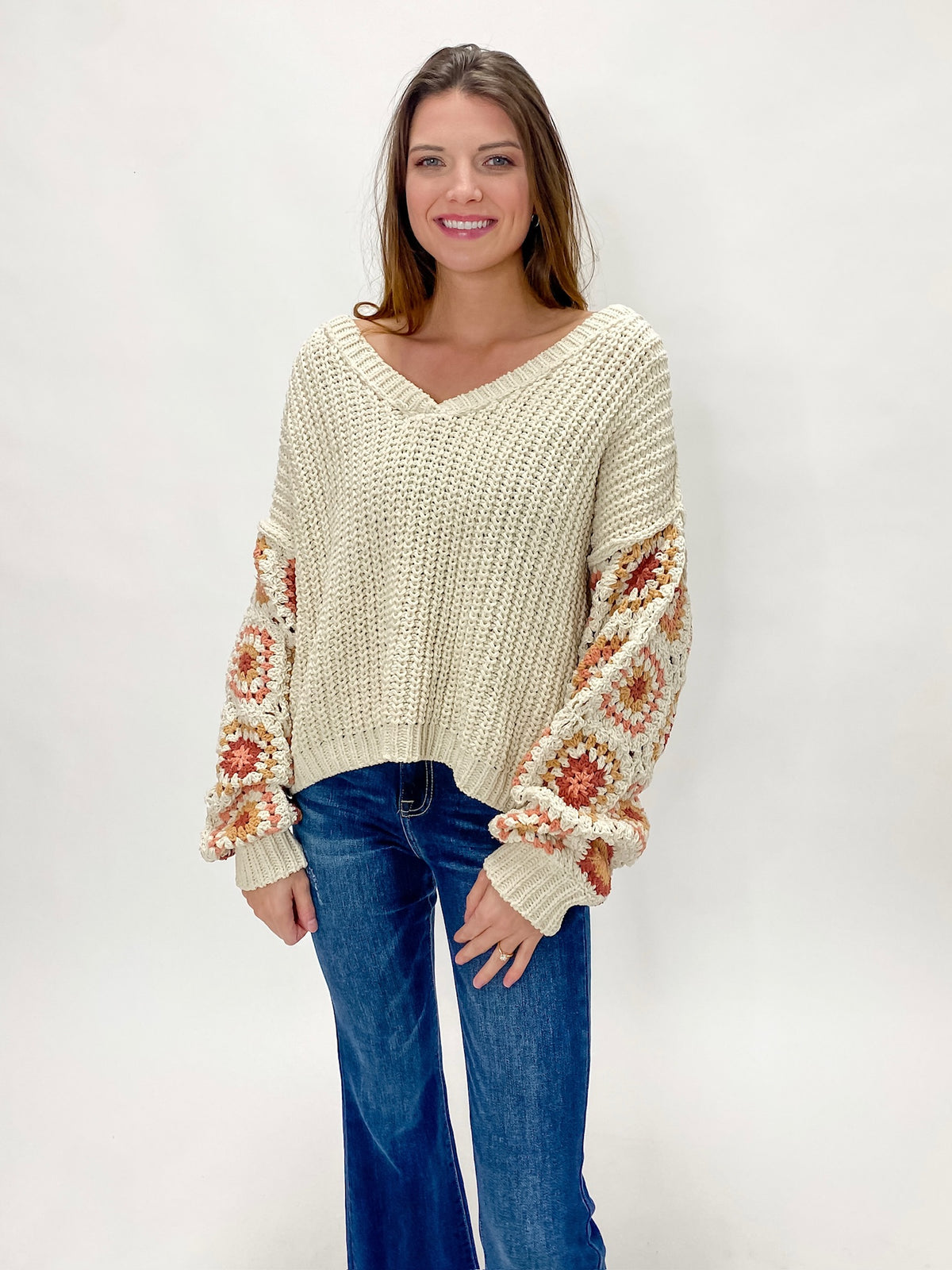 Oatmeal Heavy Knit Granny Sleeve V-Neck Sweater