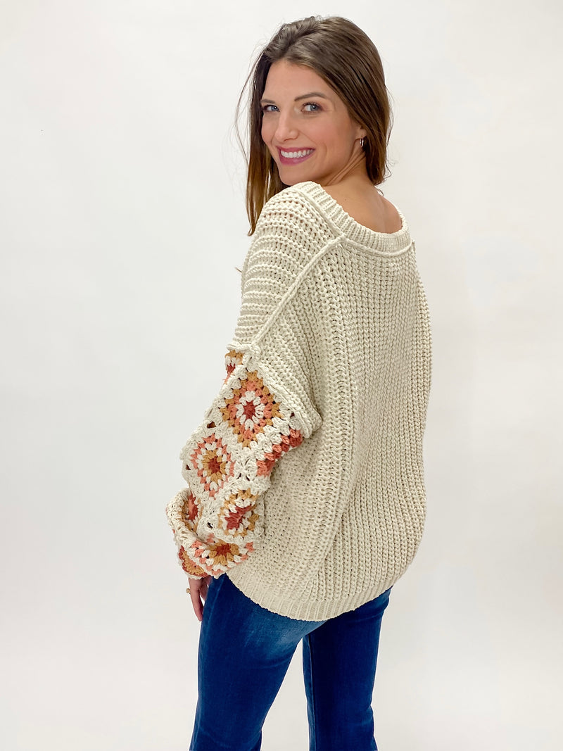 Oatmeal Heavy Knit Granny Sleeve V-Neck Sweater