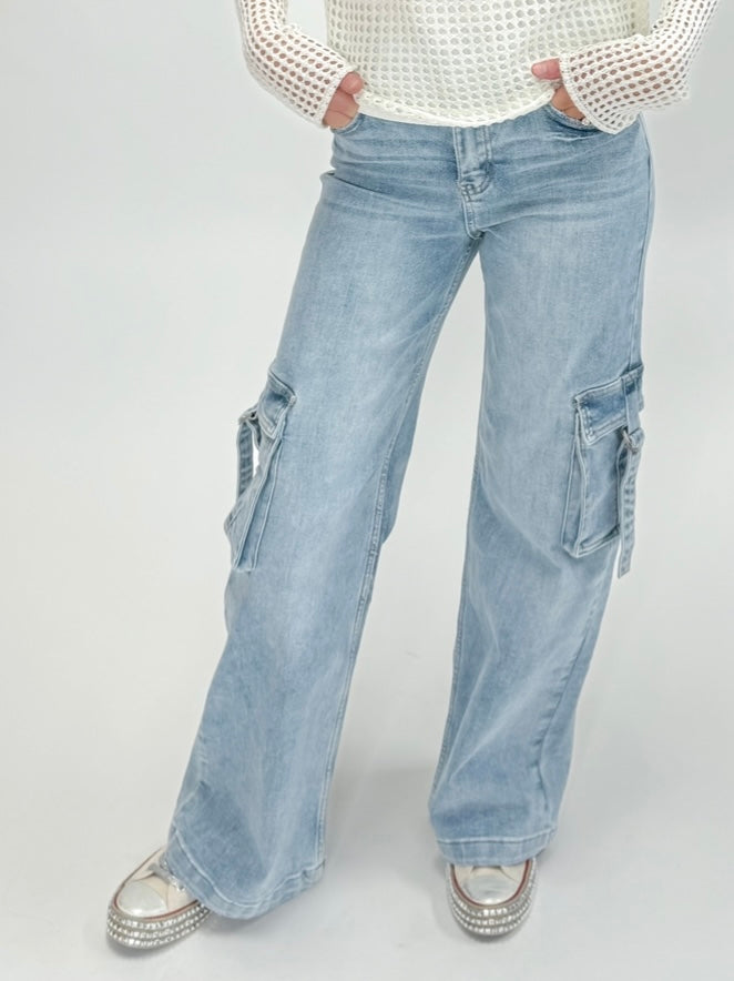 Risen Light Wash Denim Jeans With Cargo Strap