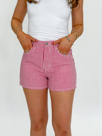 Crimson Stripes Denim Shorts