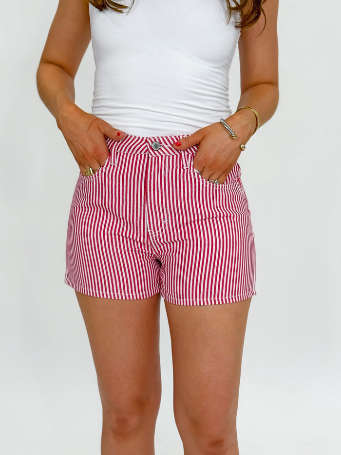 Crimson Stripes Denim Shorts