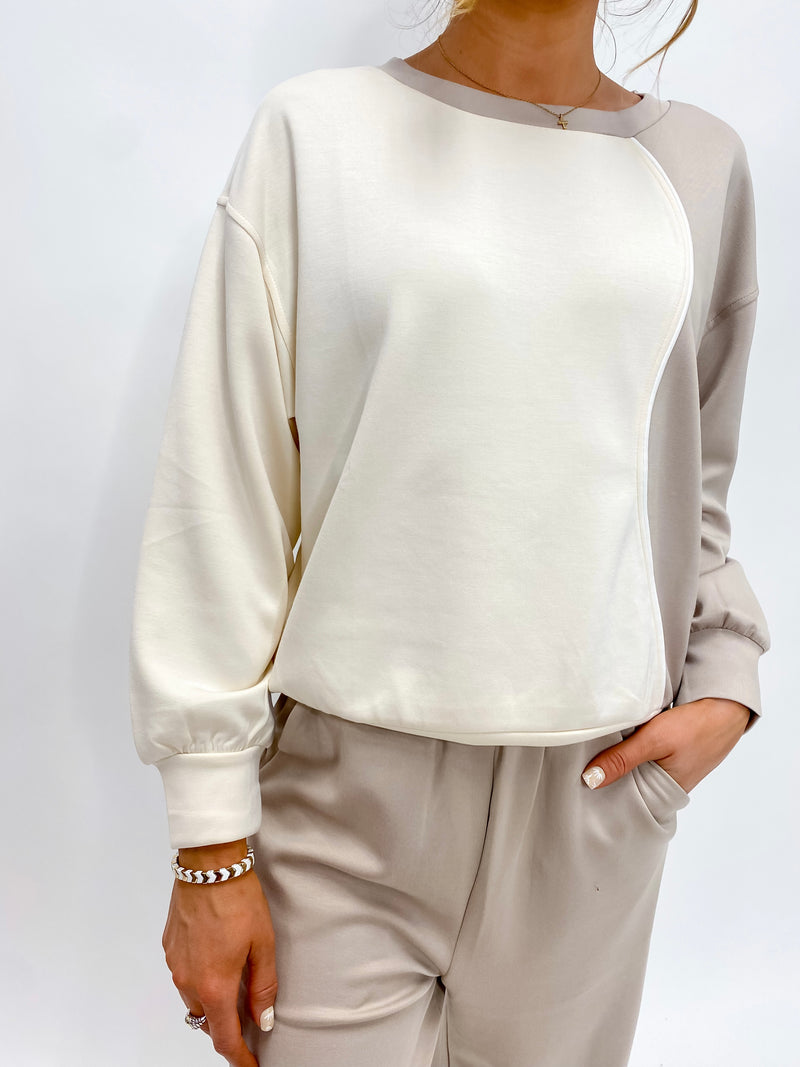 Color Block S Curve Sweatshirt Eggshell and Taupe